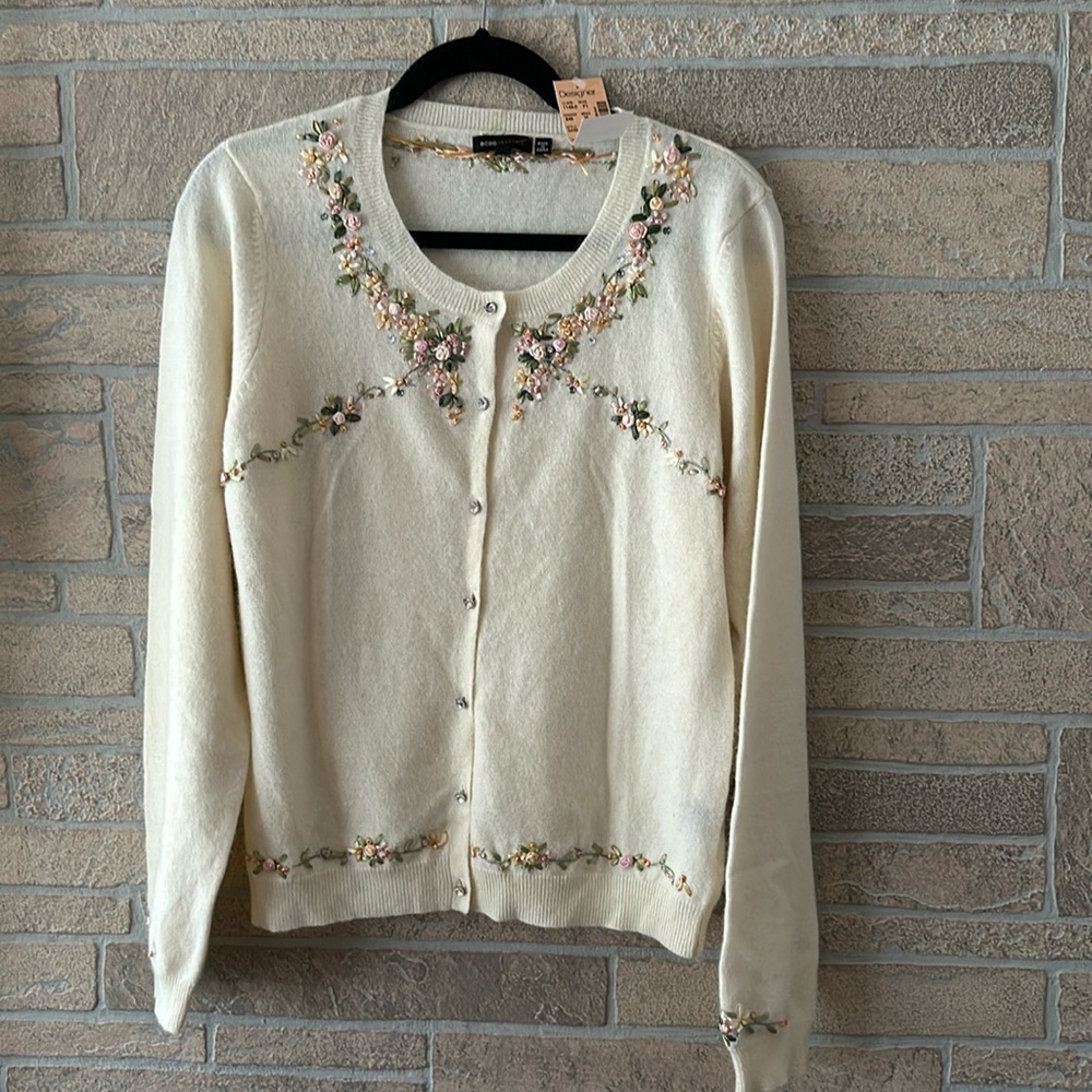 BCBGMaxAzria Cream Embroidered Floral Cardigan